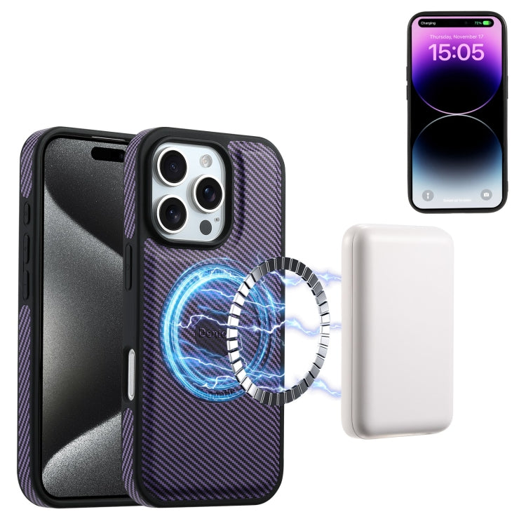 For iPhone 16 Denior Carbon Fiber Texture Leather Card Bag MagSafe Phone Case(Purple) - iPhone 16 Cases by Denior | Online Shopping UK | buy2fix