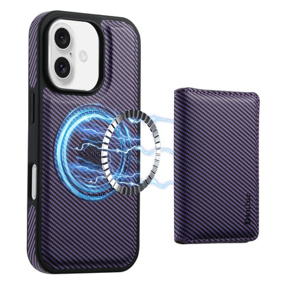 For iPhone 16 Denior Carbon Fiber Texture Leather Card Bag MagSafe Phone Case(Purple) - iPhone 16 Cases by Denior | Online Shopping UK | buy2fix