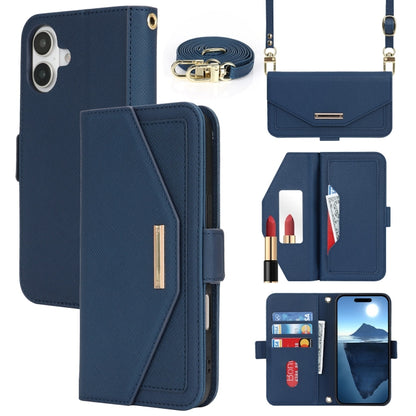 For iPhone 16 Plus Cross Texture Crossbody Lanyard Leather Phone Case(Blue) - iPhone 16 Plus Cases by buy2fix | Online Shopping UK | buy2fix