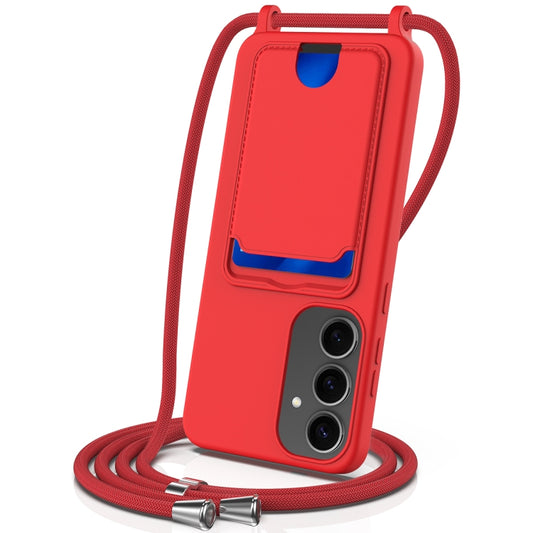 For Samsung Galaxy S25+ 5G Integrated Card Bag Solid Color Liquid Silicone Phone Case with Lanyard(Red) - Galaxy S25+ 5G Cases by buy2fix | Online Shopping UK | buy2fix