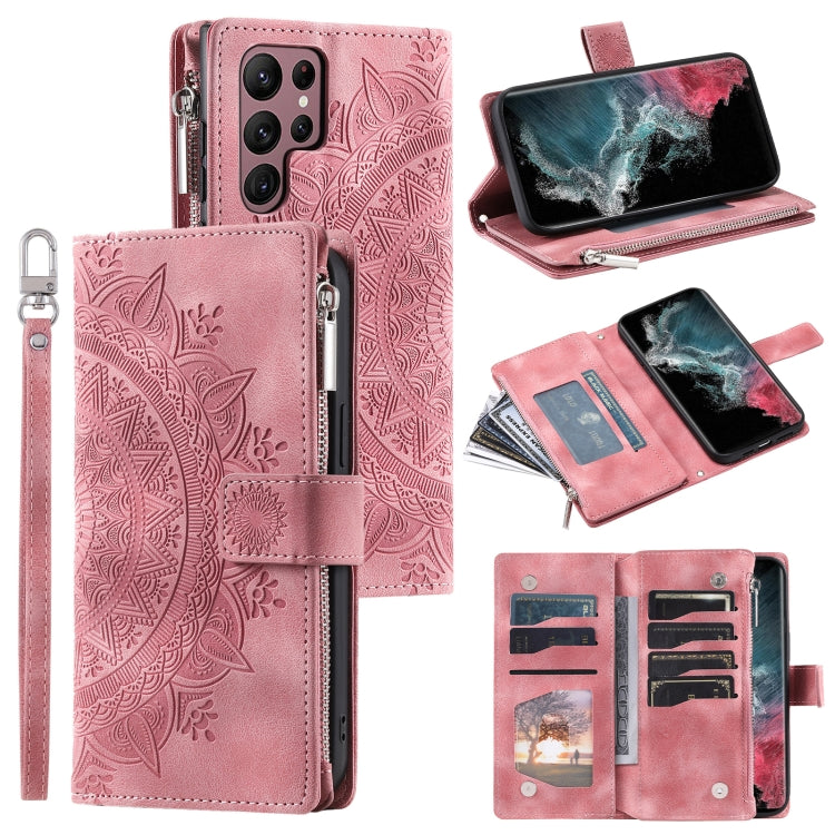 For Samsung Galaxy S25 Ultra 5G Multi-Card Totem Zipper Leather Phone Case(Pink) - Galaxy S25 Ultra 5G Cases by buy2fix | Online Shopping UK | buy2fix