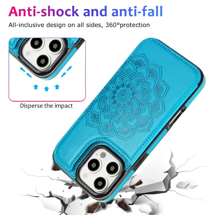 For iPhone 16 Pro Double Buckle Mandala Leather Wallet Back Cover Phone Case(Blue) - iPhone 16 Pro Cases by buy2fix | Online Shopping UK | buy2fix