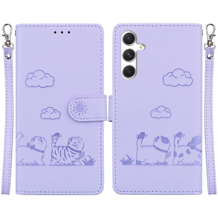 For Samsung Galaxy S25 5G Cute Cats RFID Leather Phone Case(Purple) - Galaxy S25 5G Cases by buy2fix | Online Shopping UK | buy2fix