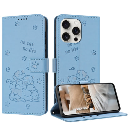 For iPhone 16 Pro Max Embossed Kitten Phone Leather Case with Lanyard(Blue) - iPhone 16 Pro Max Cases by buy2fix | Online Shopping UK | buy2fix