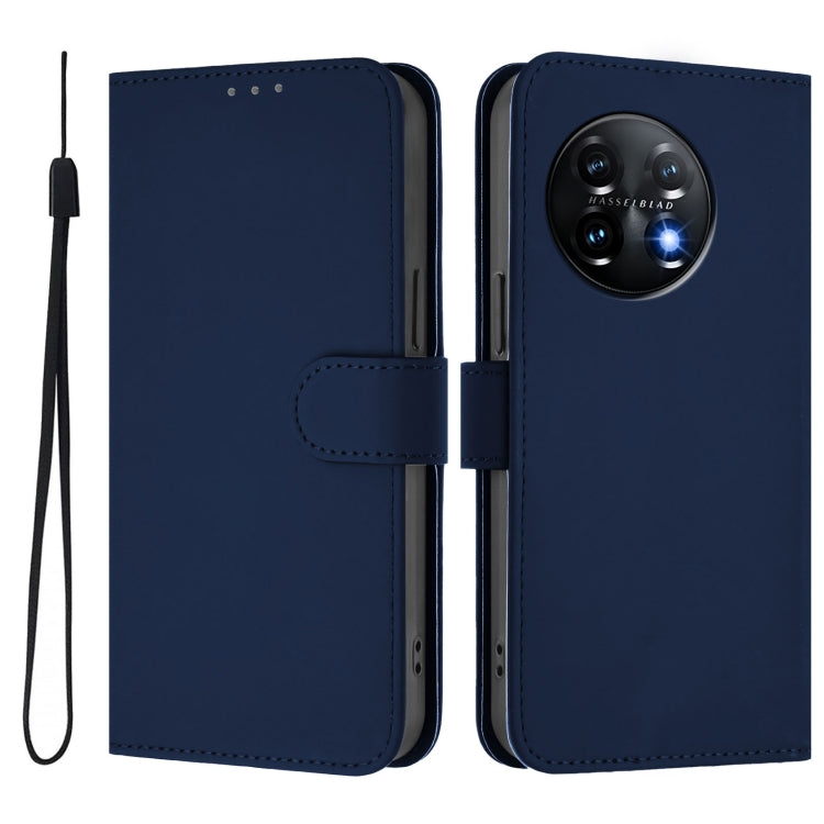 For OnePlus 11 Skin Feel Solid Color Leather Phone Case with Lanyard(Navy Blue) - OnePlus Cases by buy2fix | Online Shopping UK | buy2fix