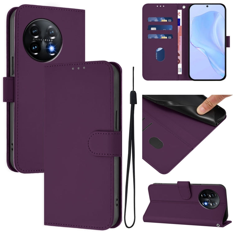 For OnePlus 11 Skin Feel Solid Color Leather Phone Case with Lanyard(Violet) - OnePlus Cases by buy2fix | Online Shopping UK | buy2fix