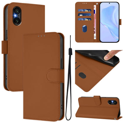 For Sony Xperia 5 VI 2024 Skin Feel Solid Color Leather Phone Case with Lanyard(Brown) - Sony Cases by buy2fix | Online Shopping UK | buy2fix