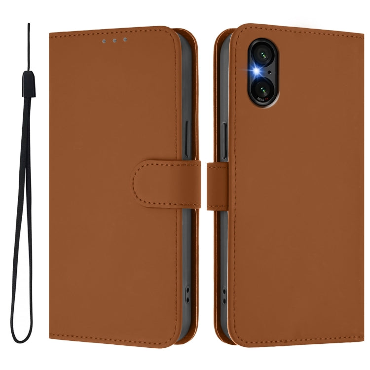 For Sony Xperia 5 VI 2024 Skin Feel Solid Color Leather Phone Case with Lanyard(Brown) - Sony Cases by buy2fix | Online Shopping UK | buy2fix