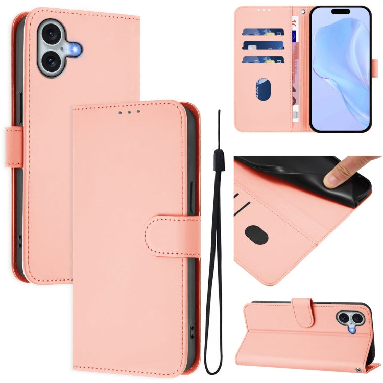 For iPhone 16 Plus Skin Feel Solid Color Leather Phone Case with Lanyard(Pink) - iPhone 16 Plus Cases by buy2fix | Online Shopping UK | buy2fix