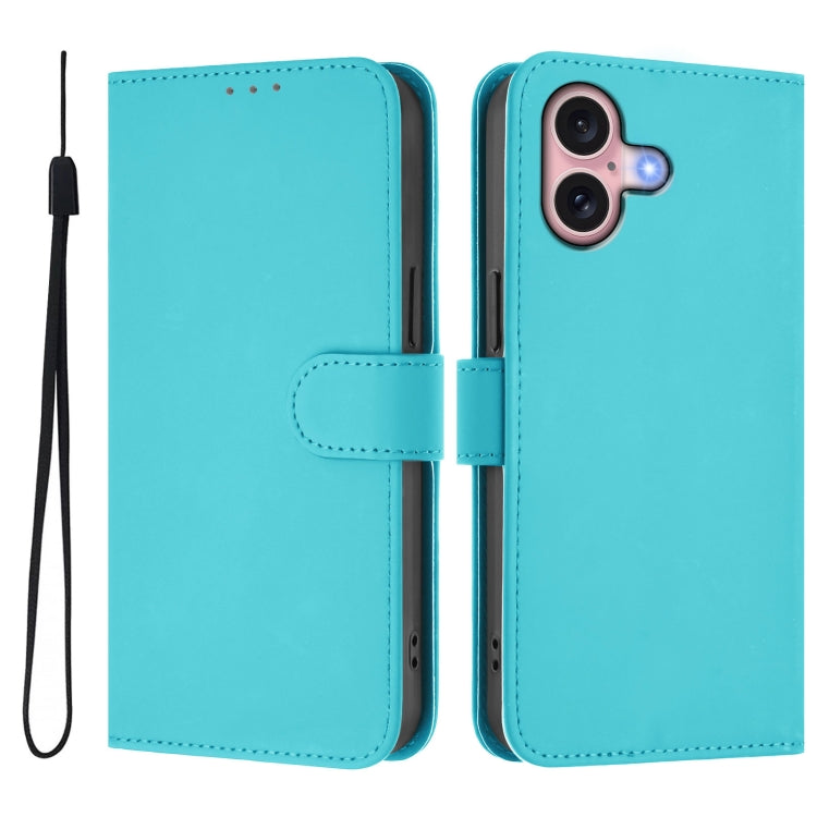 For iPhone 16 Skin Feel Solid Color Leather Phone Case with Lanyard(Lake Blue) - iPhone 16 Cases by buy2fix | Online Shopping UK | buy2fix