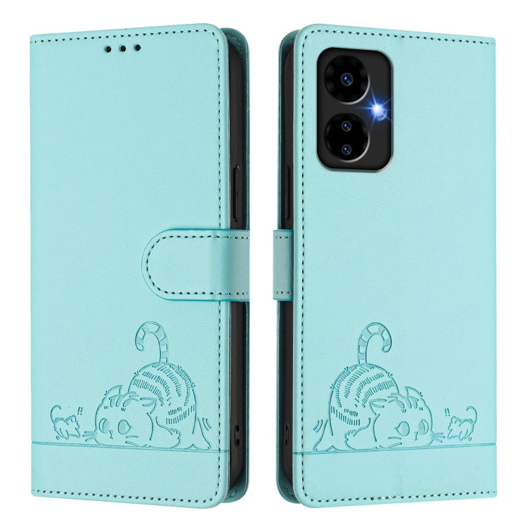 For Boost Mobile Celero 5G 2024 Cat Rat Embossed RFID Leather Phone Case with Lanyard(Mint Green) - More Brand by buy2fix | Online Shopping UK | buy2fix