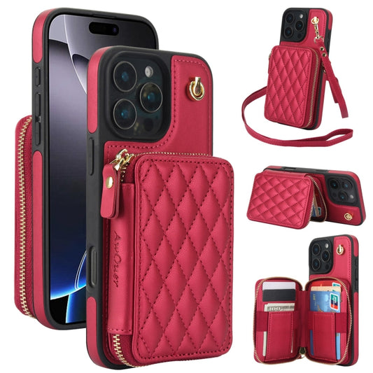 For iPhone 16 Pro Max AwQuer Crossbody Zipper Wallet Rhombic Leather Back Phone Case(Red) - iPhone 16 Pro Max Cases by Awquer | Online Shopping UK | buy2fix