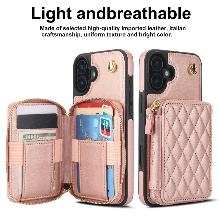 For iPhone 16 Plus AwQuer Crossbody Zipper Wallet Rhombic Leather Back Phone Case(Rose Gold) - iPhone 16 Plus Cases by Awquer | Online Shopping UK | buy2fix