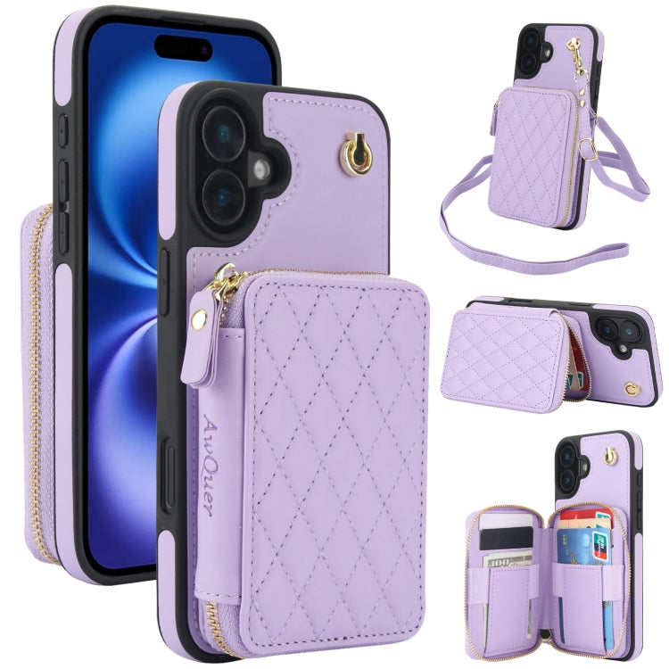 For iPhone 16 Plus AwQuer Crossbody Zipper Wallet Rhombic Leather Back Phone Case(Purple) - iPhone 16 Plus Cases by Awquer | Online Shopping UK | buy2fix