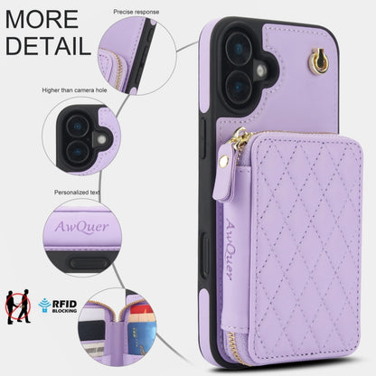 For iPhone 16 AwQuer Crossbody Zipper Wallet Rhombic Leather Back Phone Case(Purple) - iPhone 16 Cases by Awquer | Online Shopping UK | buy2fix