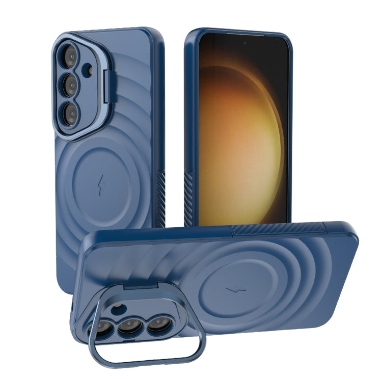 For Samsung Galaxy S25 5G Lens Frame Bracket Corrugated MagSafe Phone Case(Dark Blue) - Galaxy S25 5G Cases by buy2fix | Online Shopping UK | buy2fix