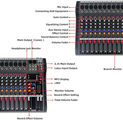 XTUGA CT120X 12-Channels Audio Mixer DJ Mixing Console with 48V Power Supply(EU Plug) - Live Sound Effects Processors by XTUGA | Online Shopping UK | buy2fix