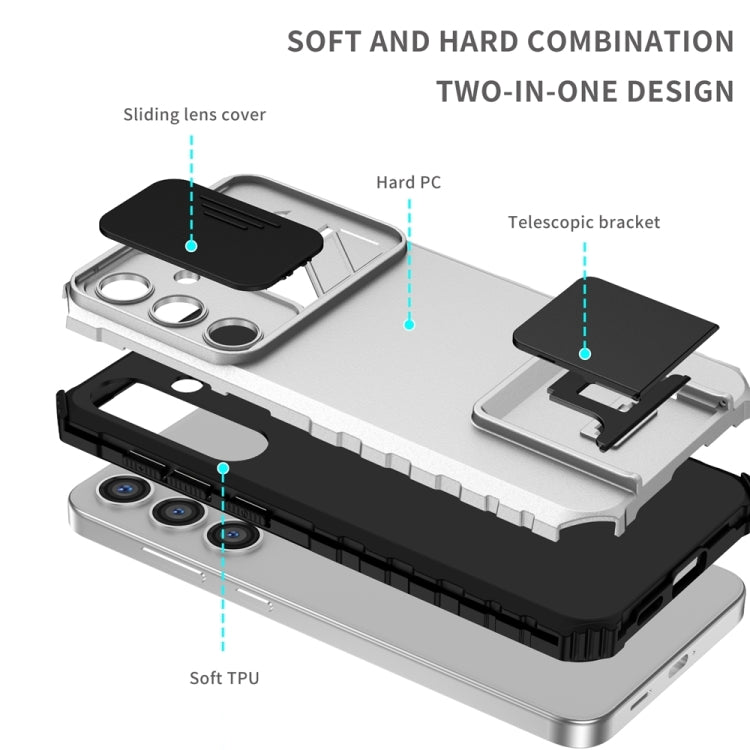 For Samsung Galaxy S25+ 5G Stereoscopic Holder Sliding Camshield Phone Case(White) - Galaxy S25+ 5G Cases by buy2fix | Online Shopping UK | buy2fix