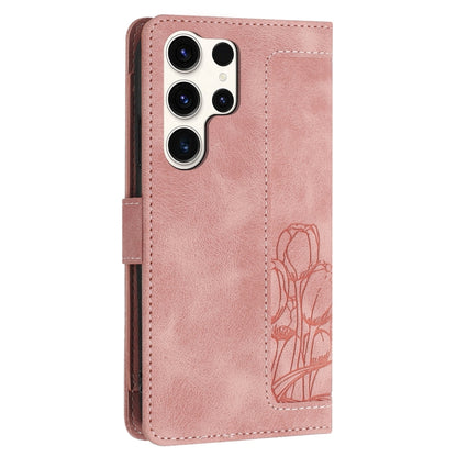 For Samsung Galaxy S25 Ultra 5G Tulips Embossed Leather Phone Case with Lanyard(Pink) - Galaxy S25 Ultra 5G Cases by buy2fix | Online Shopping UK | buy2fix