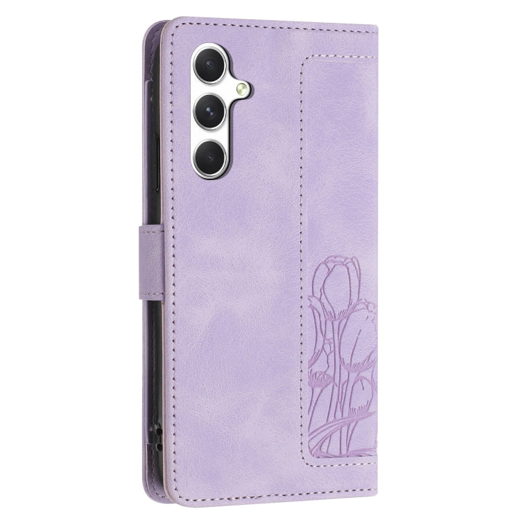 For Samsung Galaxy S25+ 5G Tulips Embossed Leather Phone Case with Lanyard(Purple) - Galaxy S25+ 5G Cases by buy2fix | Online Shopping UK | buy2fix