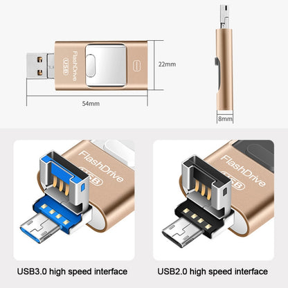 32GB USB 3.0 + 8 Pin + Mirco USB Android iPhone Computer Dual-use Metal Flash Drive (Gold) - U Disk & Card Reader by buy2fix | Online Shopping UK | buy2fix