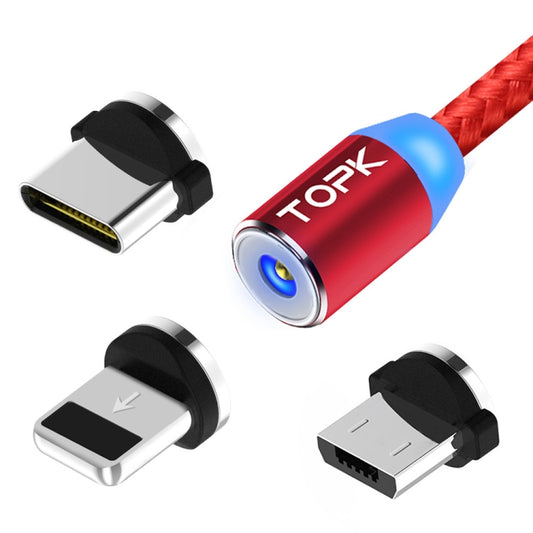 TOPK 1m 2.4A Max USB to 8 Pin + USB-C / Type-C + Micro USB Nylon Braided Magnetic Charging Cable with LED Indicator(Red) - Charging Cable & Head by TOPK | Online Shopping UK | buy2fix