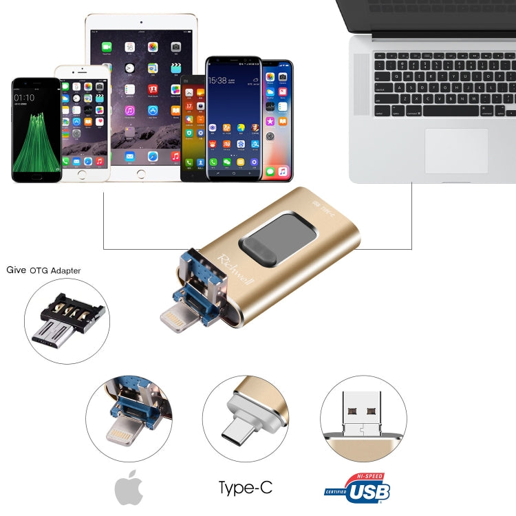 Richwell 3 in 1 128G Type-C + 8 Pin + USB 3.0 Metal Push-pull Flash Disk with OTG Function(Rose Gold) - U Disk & Card Reader by Richwell | Online Shopping UK | buy2fix