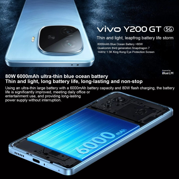 vivo Y200 GT, Dual Back Cameras, 12GB+512GB, Face ID Screen Fingerprint Identification, 6.78 inch Android 14.0 OriginOS 4 Snapdragon 7 Gen 3 Octa Core 2.63GHz, OTG, NFC, Network: 5G, Support Google Play (Blue) - vivo by vivo | Online Shopping UK | buy2fix