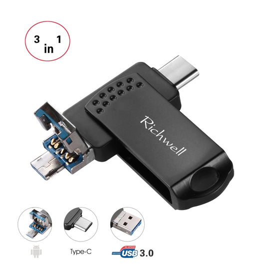 Richwell 3 in 1 16G Type-C + Micro USB + USB 3.0 Metal Flash Disk with OTG Function(Black) - U Disk & Card Reader by Richwell | Online Shopping UK | buy2fix