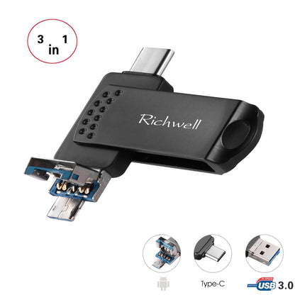 Richwell 3 in 1 64G Type-C + Micro USB + USB 3.0 Metal Flash Disk with OTG Function(Black) - U Disk & Card Reader by Richwell | Online Shopping UK | buy2fix