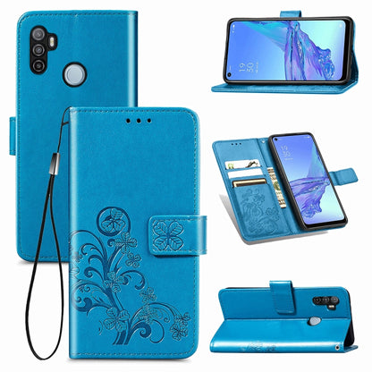 For Oppo A53 2020 Four-leaf Clasp Embossed Buckle Mobile Phone Protection Leather Case with Lanyard & Card Slot & Wallet & Bracket Function(Blue) - OPPO Cases by buy2fix | Online Shopping UK | buy2fix