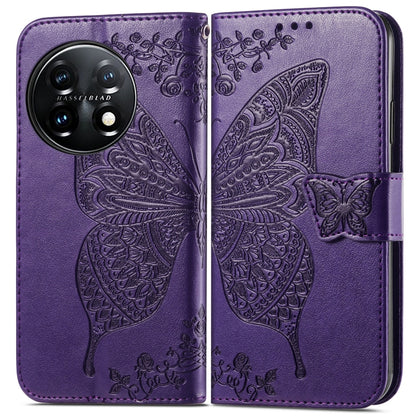 For OnePlus 11 Butterfly Love Flower Embossed Flip Leather Phone Case(Dark Purple) - OnePlus Cases by buy2fix | Online Shopping UK | buy2fix