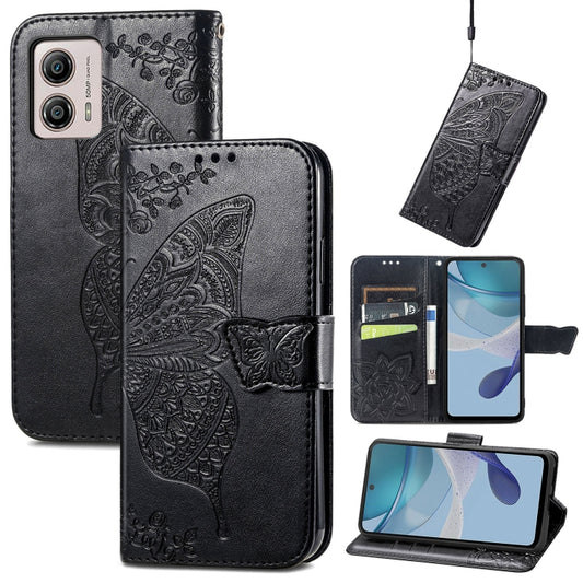 For Motorola Moto E13 Butterfly Love Flower Embossed Flip Leather Phone Case(Black) - Motorola Cases by buy2fix | Online Shopping UK | buy2fix