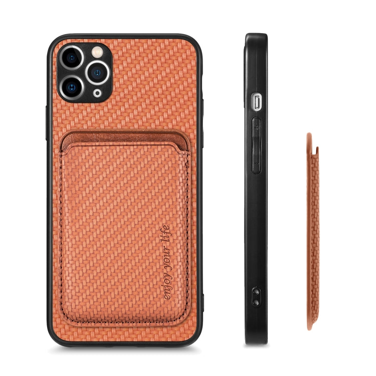 For iPhone 11 Carbon Fiber Leather Card Magsafe Magnetic Phone Case(Brown) - iPhone 11 Pro Cases by buy2fix | Online Shopping UK | buy2fix