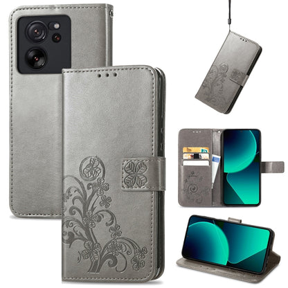 For Xiaomi 13T / 13T Pro Four-leaf Clasp Embossed Leather Phone Case(Gray) - Xiaomi Cases by buy2fix | Online Shopping UK | buy2fix