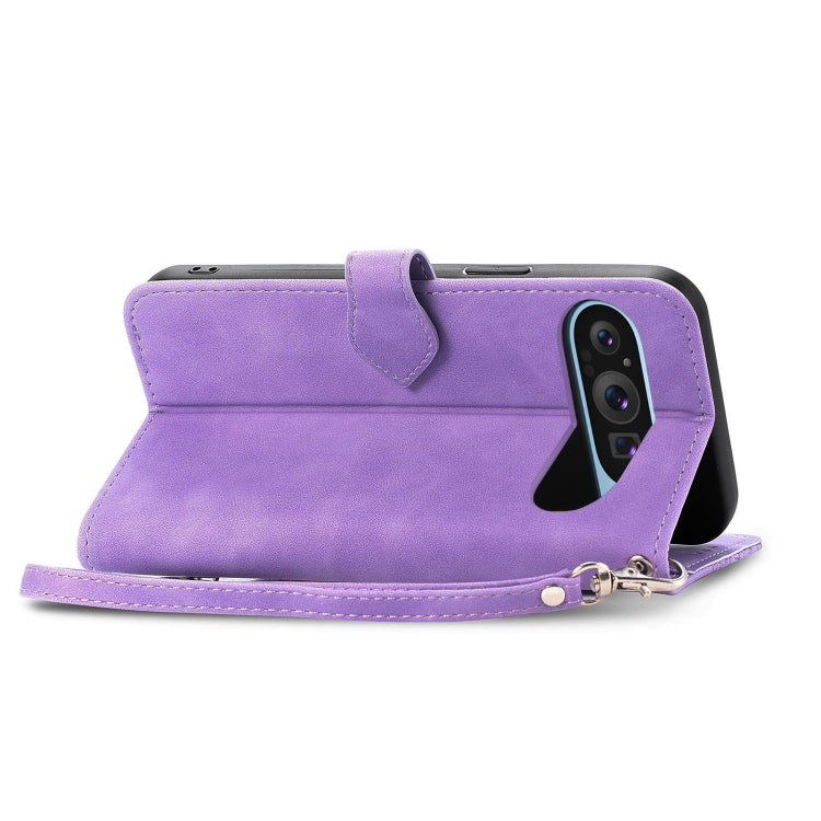 For Google Pixel 9 Embossed Flower Zipper Leather Phone Case(Purple) - Google Cases by buy2fix | Online Shopping UK | buy2fix