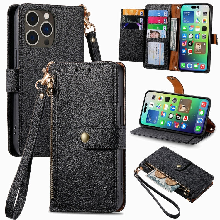 For iPhone 16 Pro Max Love Zipper Lanyard Leather Phone Case(Black) - iPhone 16 Pro Max Cases by buy2fix | Online Shopping UK | buy2fix