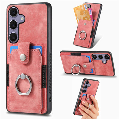 For Samsung Galaxy S25 5G Retro Skin-feel Ring Card Wallet Phone Case(Pink) - Galaxy S25 5G Cases by buy2fix | Online Shopping UK | buy2fix