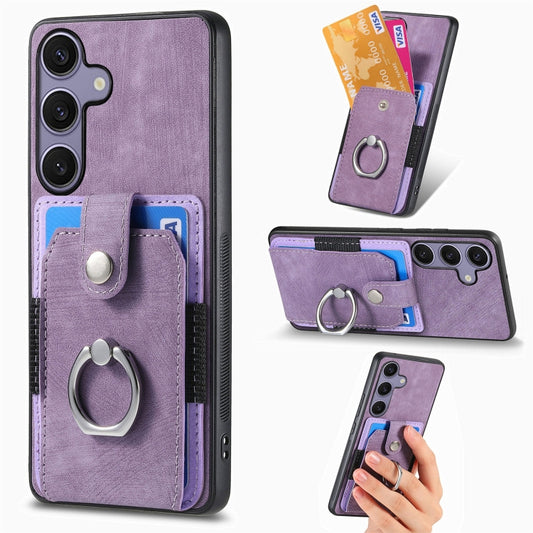 For Samsung Galaxy S25 5G Retro Skin-feel Ring Card Wallet Phone Case(Purple) - Galaxy S25 5G Cases by buy2fix | Online Shopping UK | buy2fix