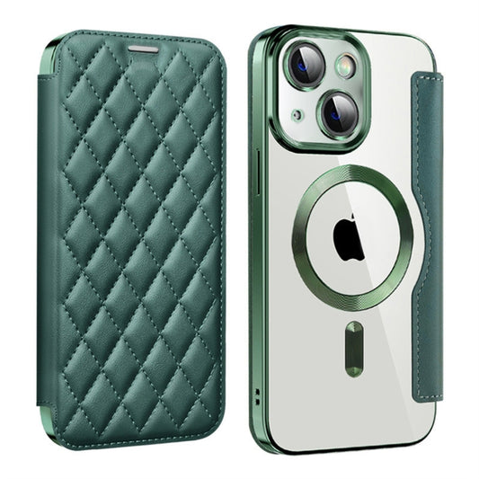 For iPhone 14 Plus Shield Magsafe RFID Anti-theft Rhombus Leather Phone Case(Green) - iPhone 14 Plus Cases by buy2fix | Online Shopping UK | buy2fix