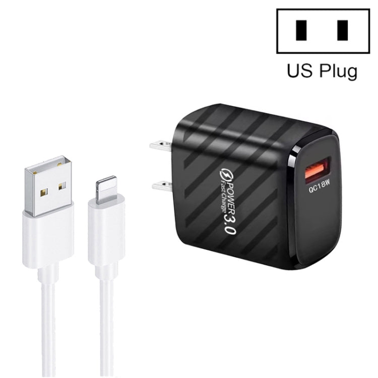 TE-005 QC3.0 18W USB Fast Charger with 1m 3A USB to 8 Pin Cable, US Plug(Black) - USB Charger by buy2fix | Online Shopping UK | buy2fix