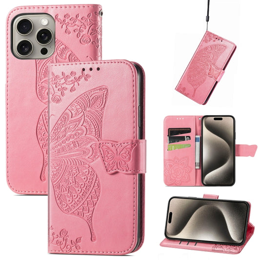 For iPhone 16 Pro Max Butterfly Love Flower Embossed Leather Phone Case(Pink) - iPhone 16 Pro Max Cases by buy2fix | Online Shopping UK | buy2fix