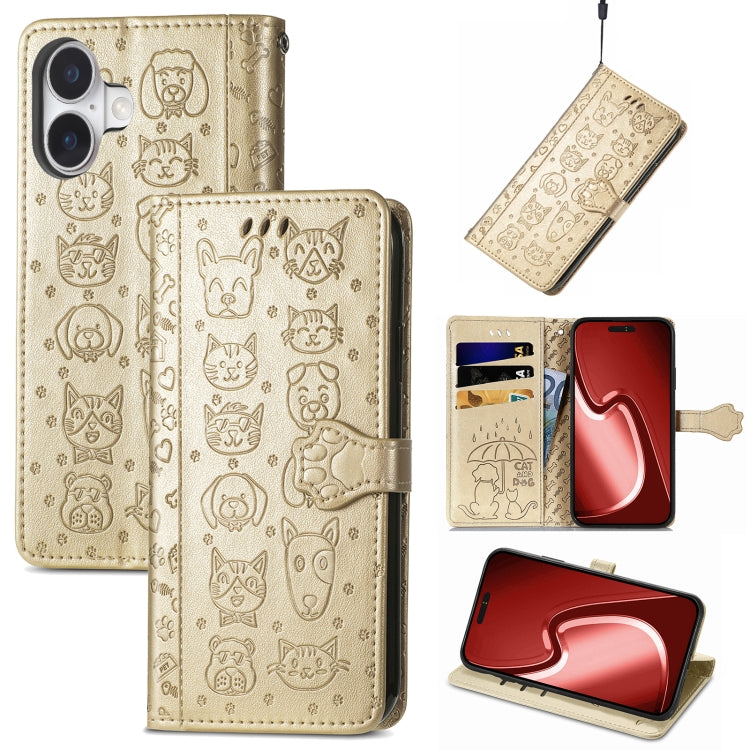 For iPhone 16 Cat and Dog Embossed Leather Phone Case(Gold) - iPhone 16 Cases by buy2fix | Online Shopping UK | buy2fix