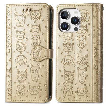 For iPhone 16 Pro Max Cat and Dog Embossed Leather Phone Case(Gold) - iPhone 16 Pro Max Cases by buy2fix | Online Shopping UK | buy2fix