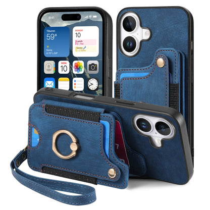 For iPhone 16 Plus Retro Skin-feel Ring Multi-card Wallet Phone Case(Blue) - iPhone 16 Plus Cases by buy2fix | Online Shopping UK | buy2fix