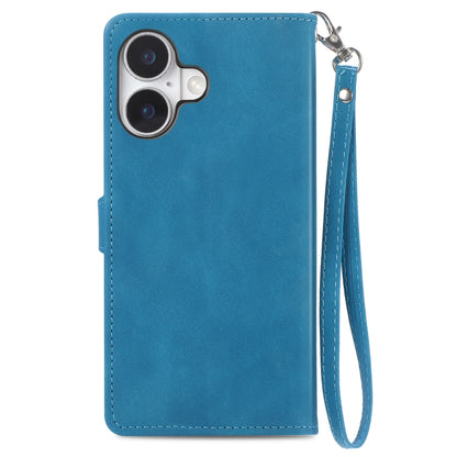 For iPhone 16 Embossed Flower Zipper Leather Phone Case(Blue) - iPhone 16 Cases by buy2fix | Online Shopping UK | buy2fix