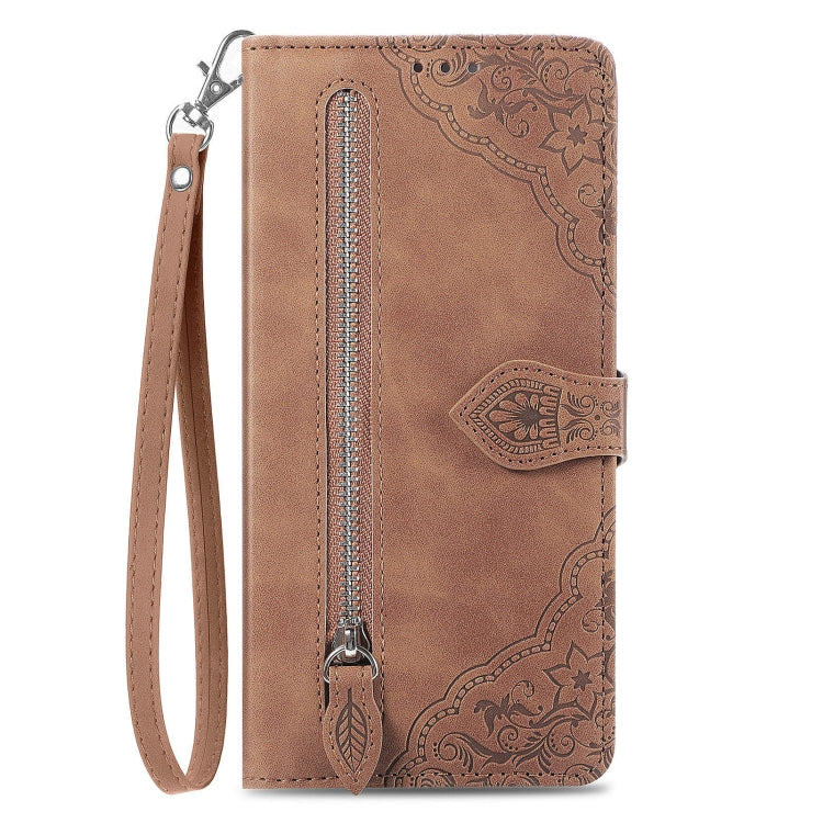 For Xiaomi Redmi K70 Embossed Flower Zipper Leather Phone Case(Brown) - K70 Cases by buy2fix | Online Shopping UK | buy2fix