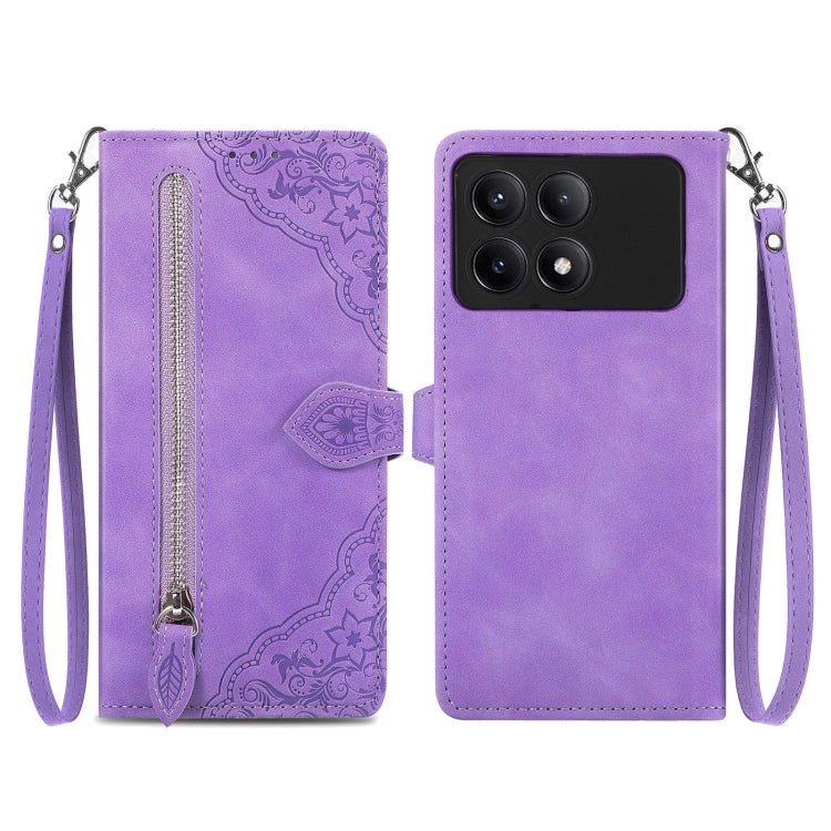 For Xiaomi Redmi K70E Embossed Flower Zipper Leather Phone Case(Purple) - K70E Cases by buy2fix | Online Shopping UK | buy2fix