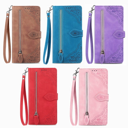 For Xiaomi Redmi K70E Embossed Flower Zipper Leather Phone Case(Purple) - K70E Cases by buy2fix | Online Shopping UK | buy2fix