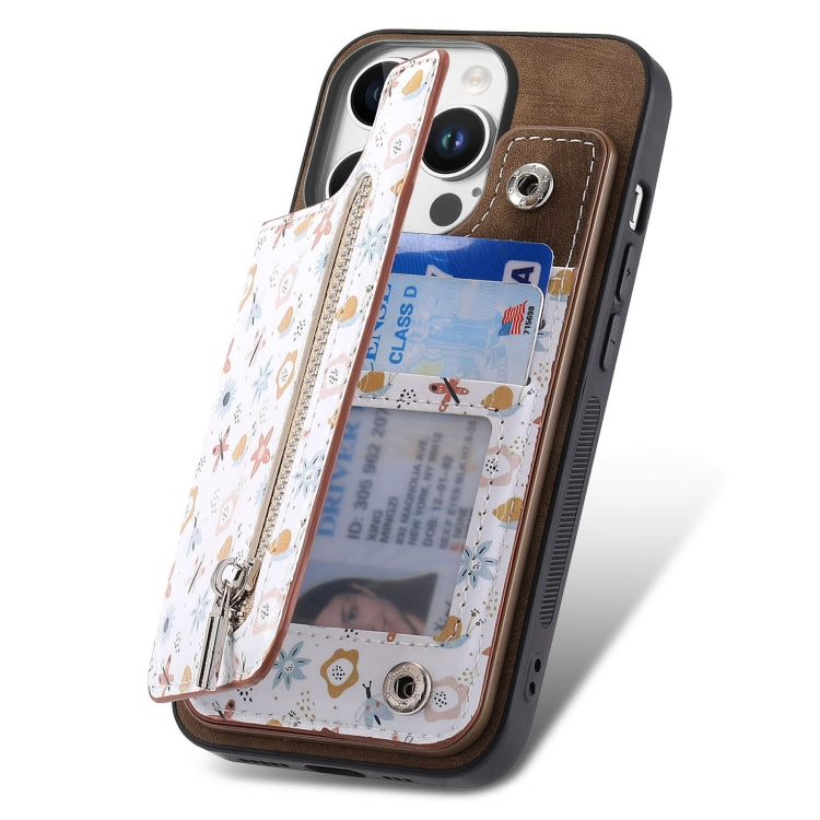 For iPhone 16 Pro Retro Painted Zipper Wallet Back Phone Case(Brown) - iPhone 16 Pro Cases by buy2fix | Online Shopping UK | buy2fix